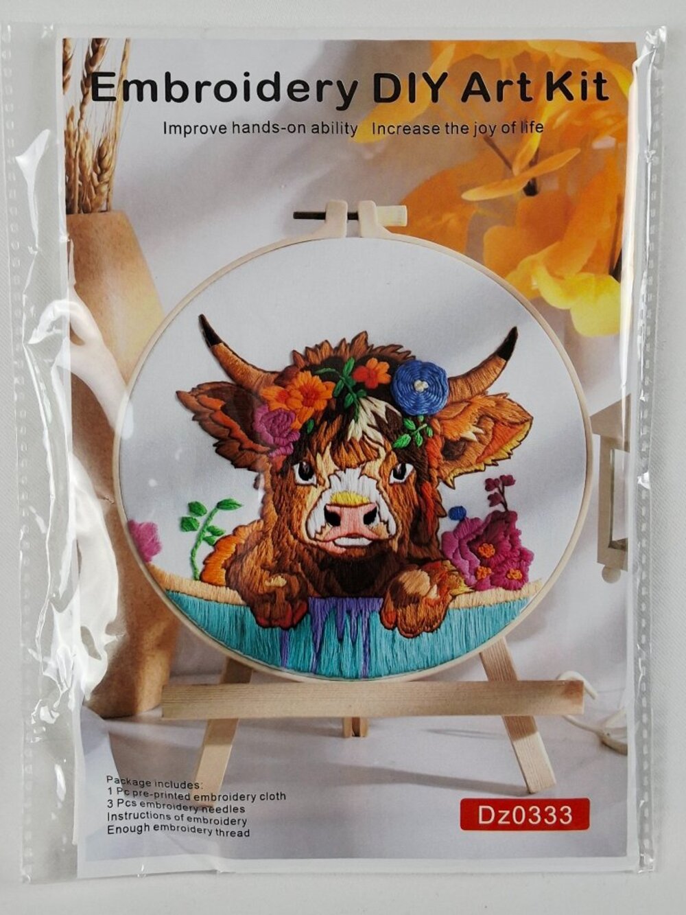Highland Cow Floral Hand Embroidery Kit DIY Needlepoint Starter Art Set Unused
